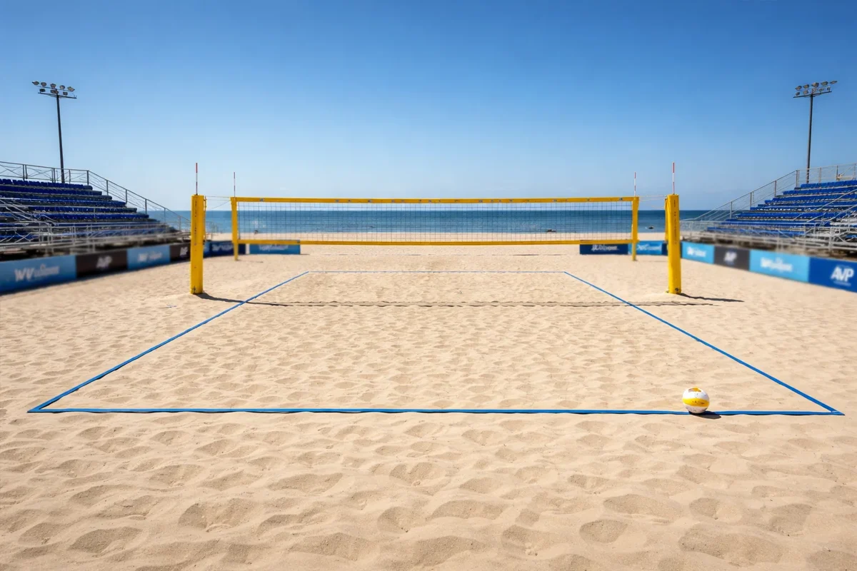 Beach-Volleyball-Feld mit Netz und Linienmarkierungen im Sand