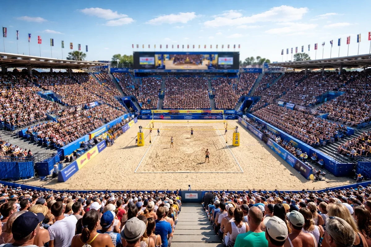 Beach-Volleyball-Turnier mit Zuschauertribüne und Spielfeld