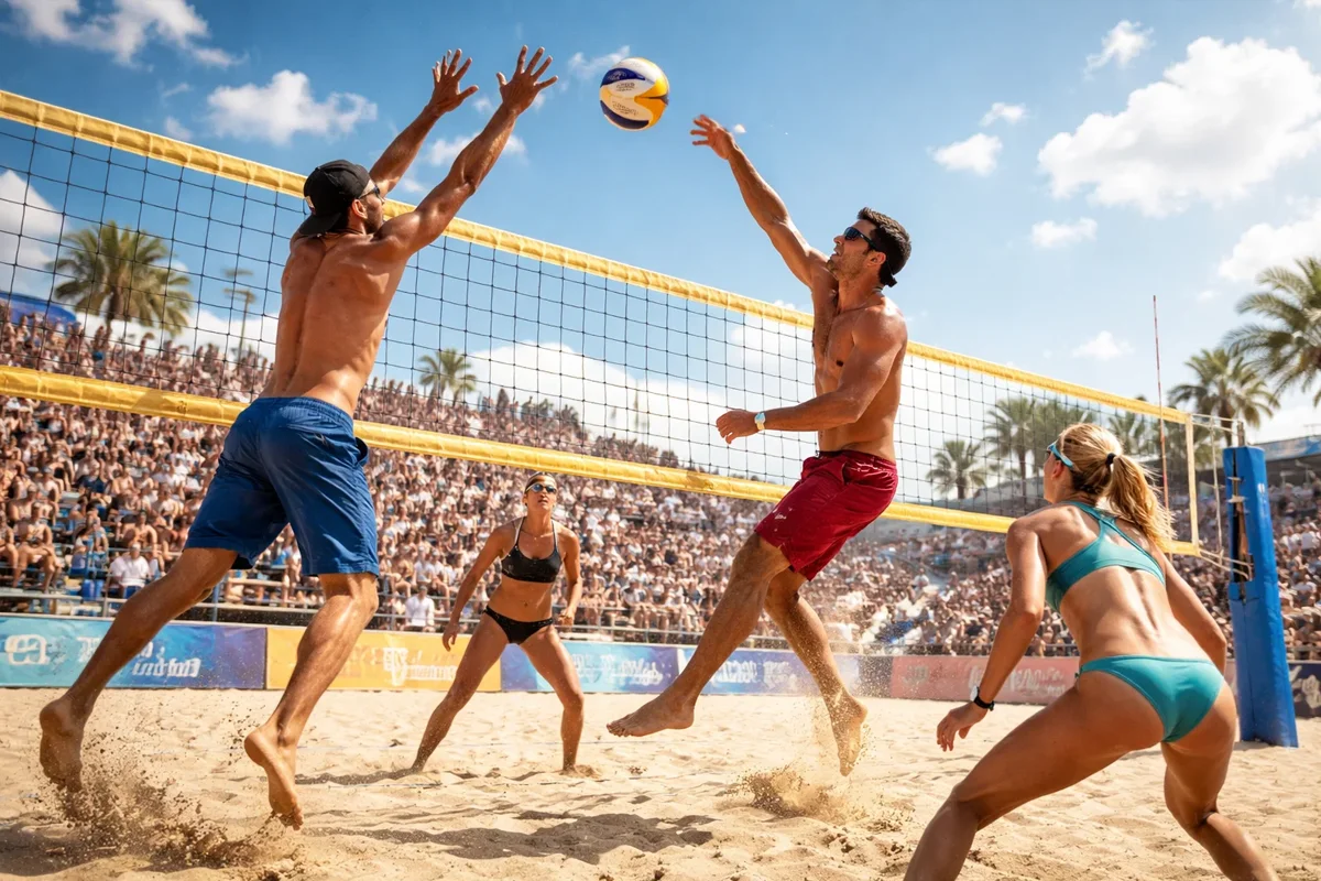 Beach-Volleyball-Spieler bei sonnigem Wetter auf dem Sandplatz