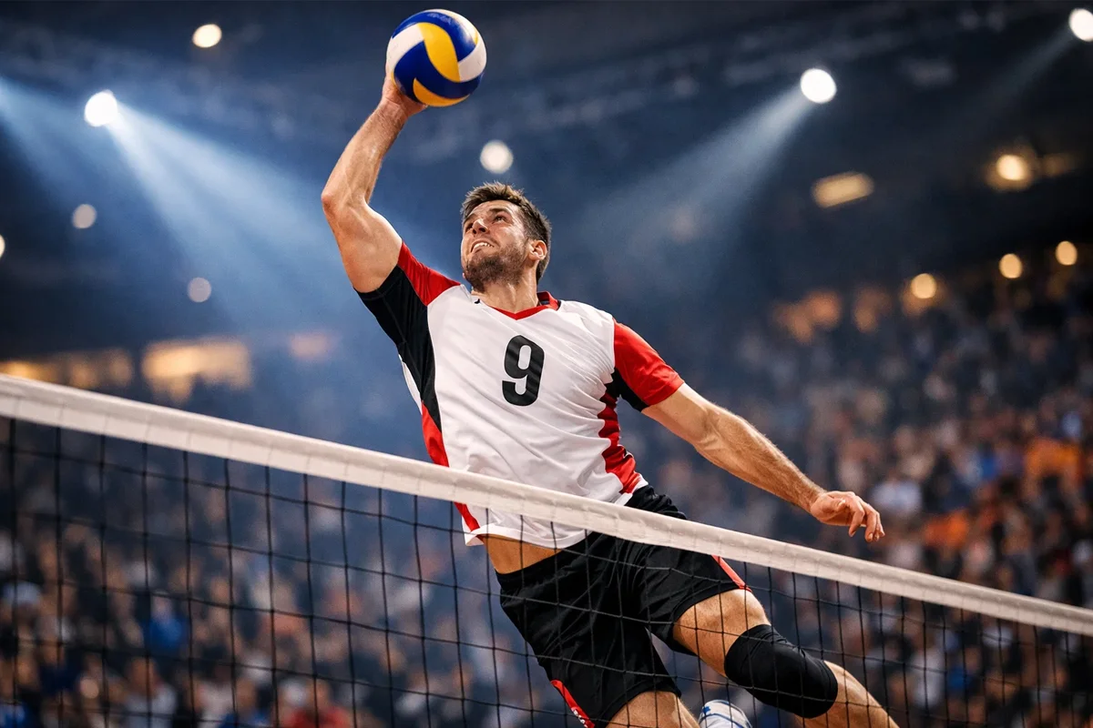 Volleyballspieler beim Angriffsschlag in einer Halle mit Zuschauern