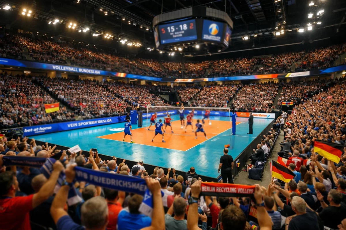 Volleyballspiel in einer deutschen Bundesliga-Halle mit Fans