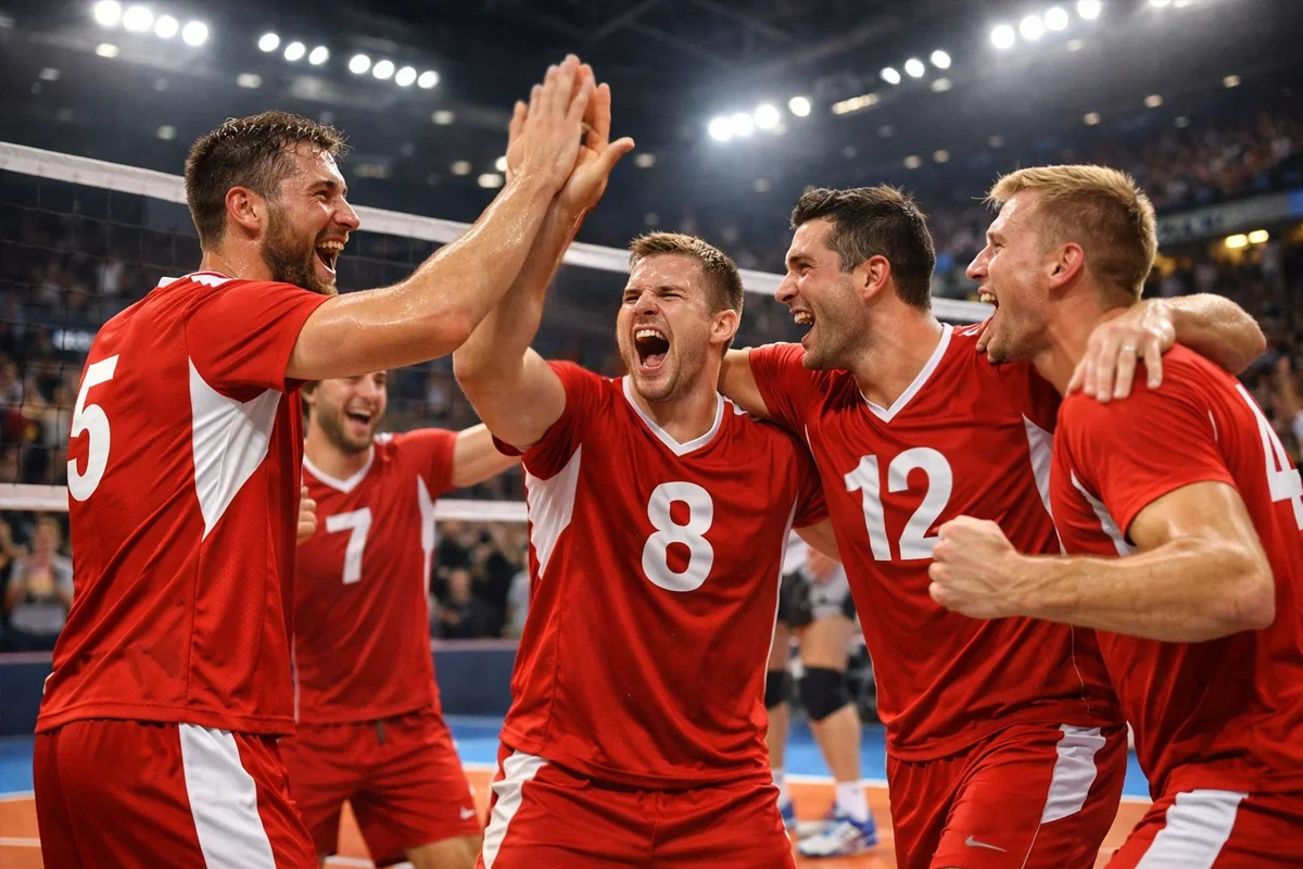 Volleyball-Mannschaft feiert gemeinsam nach einem Punktgewinn