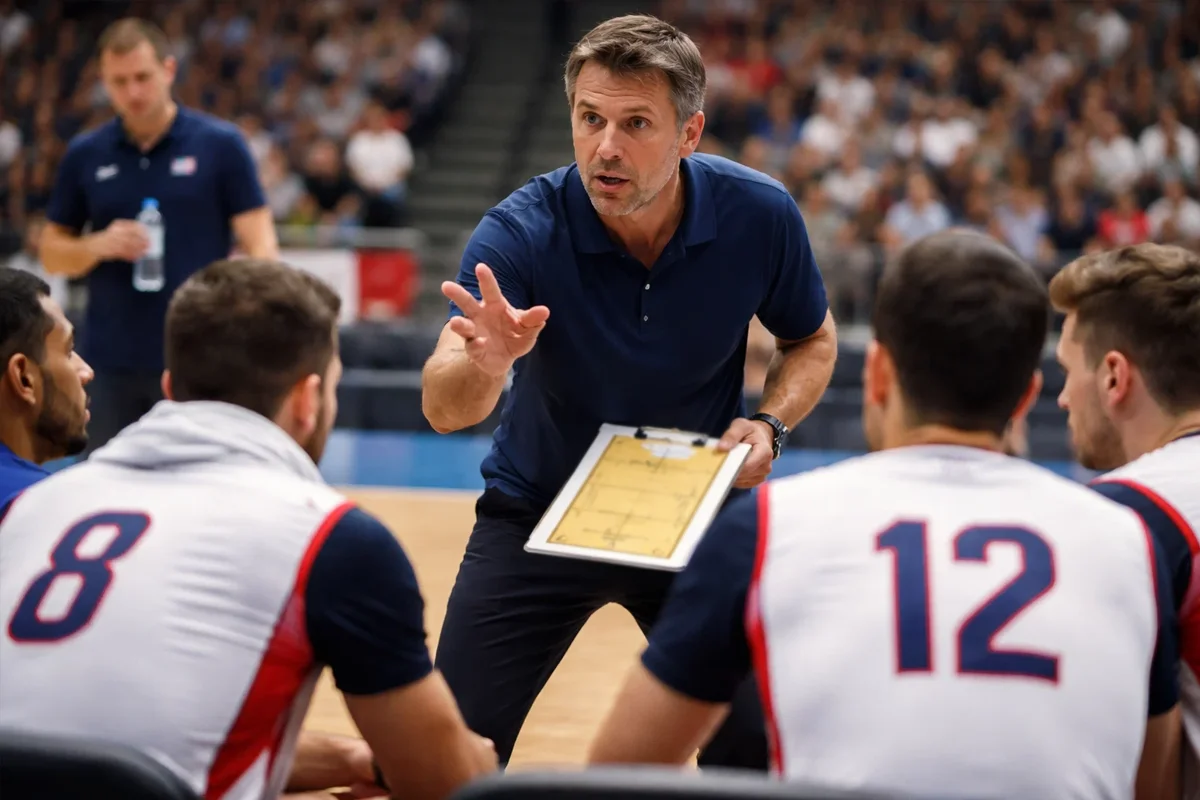 Volleyballtrainer gibt Anweisungen während einer Auszeit