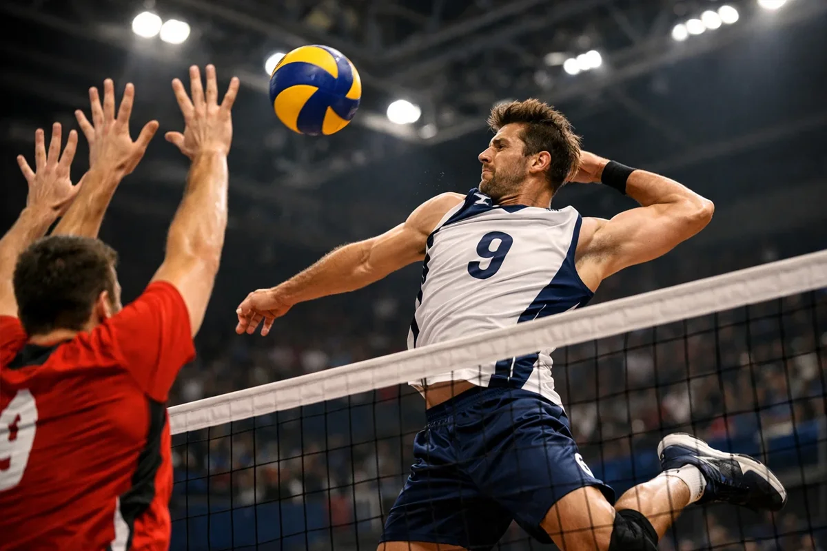 Volleyballspieler beim kraftvollen Angriff über das Netz