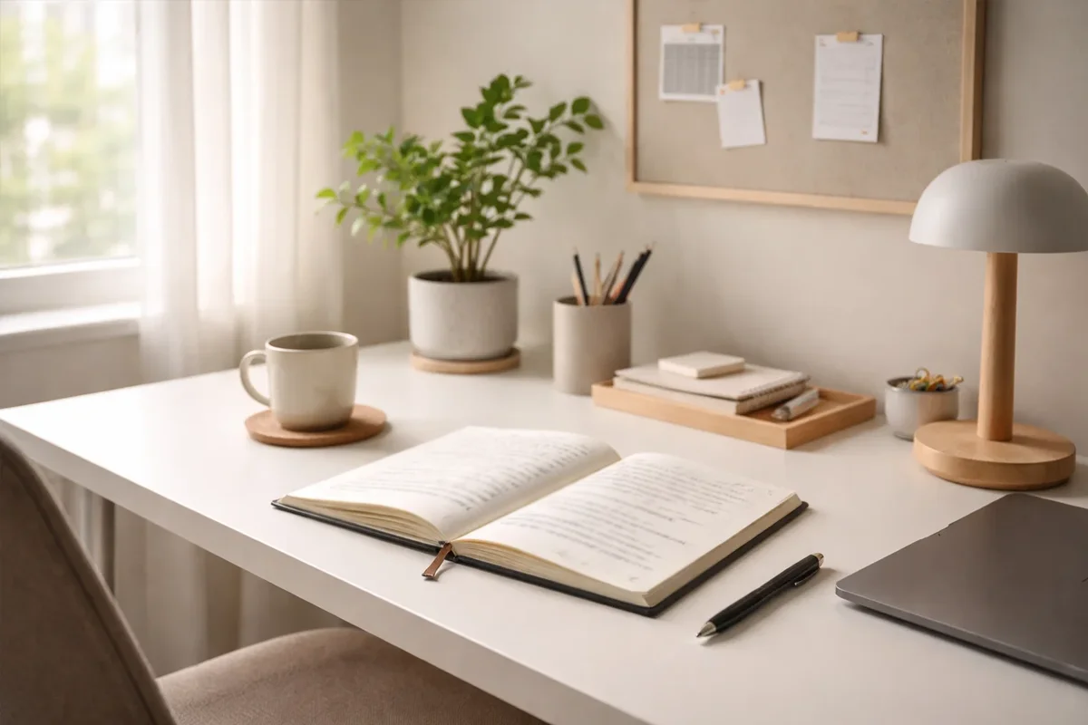Ruhiger Arbeitsplatz mit geordnetem Schreibtisch und Notizbuch
