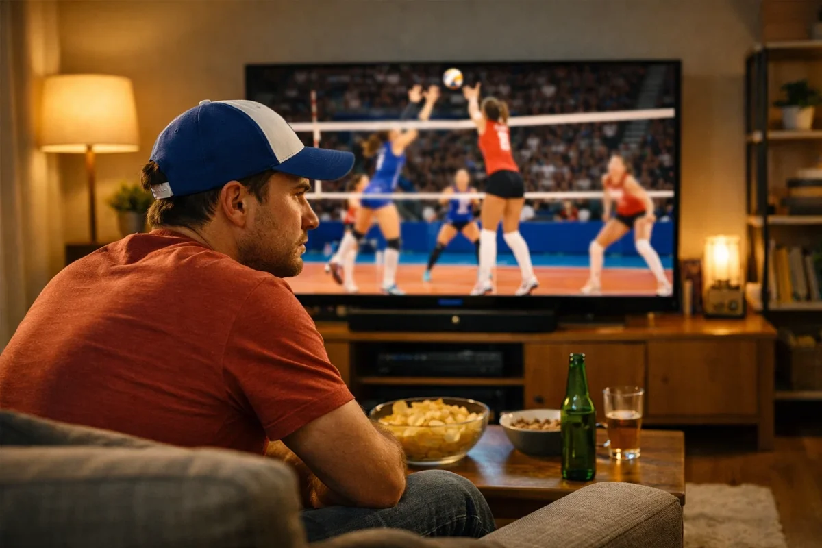 Volleyballfan schaut konzentriert ein Spiel im Fernsehen