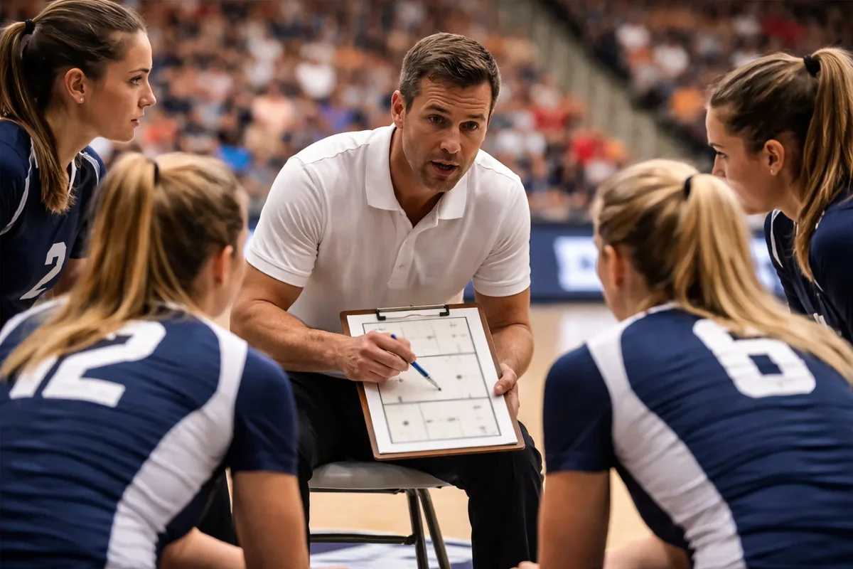 Trainer bespricht Taktik mit Volleyballteam am Spielfeldrand