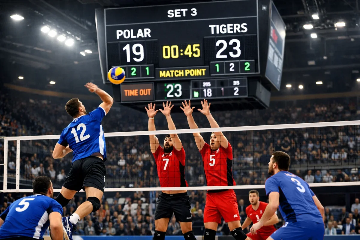 Volleyballspiel in einer Halle mit Anzeigetafel im Hintergrund