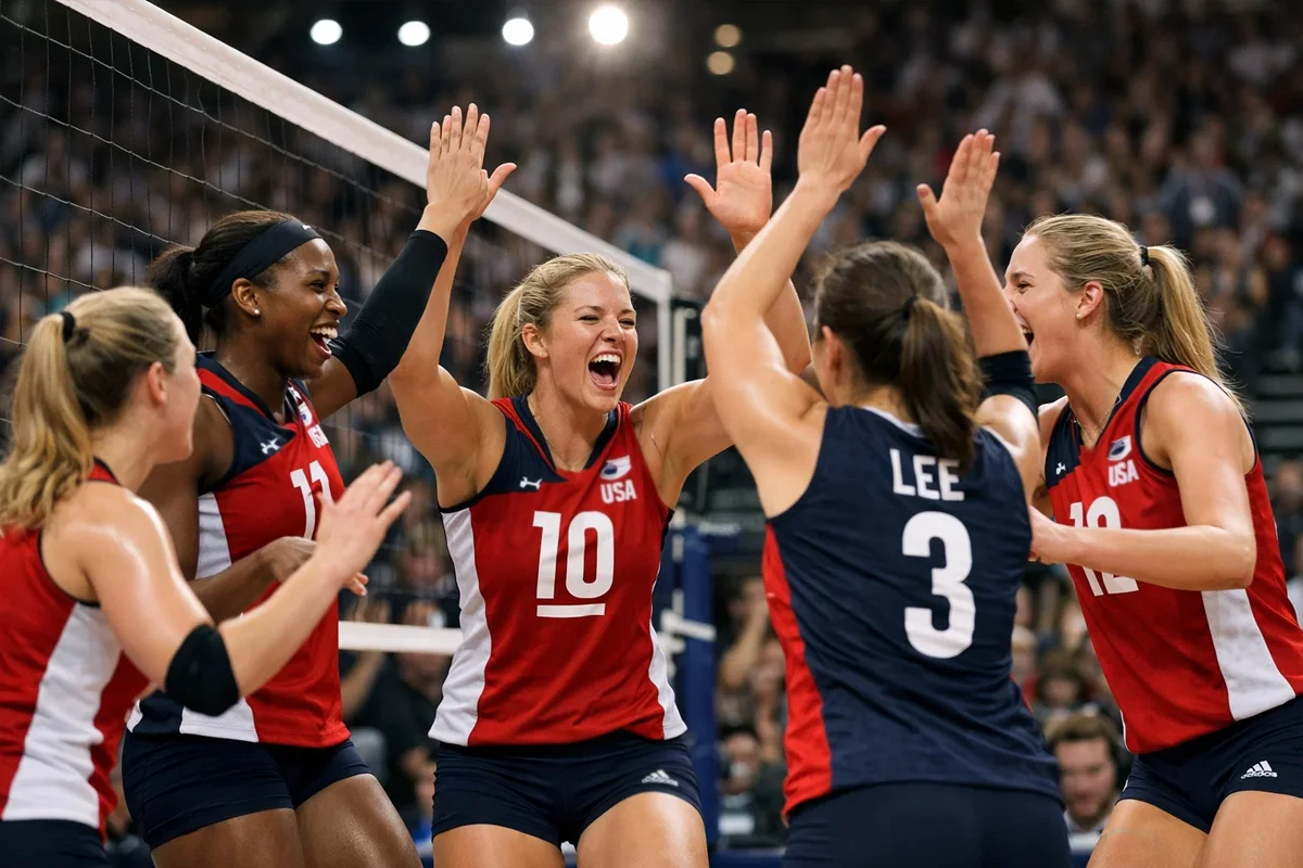 Volleyballteam feiert einen gewonnenen Punkt in der Halle