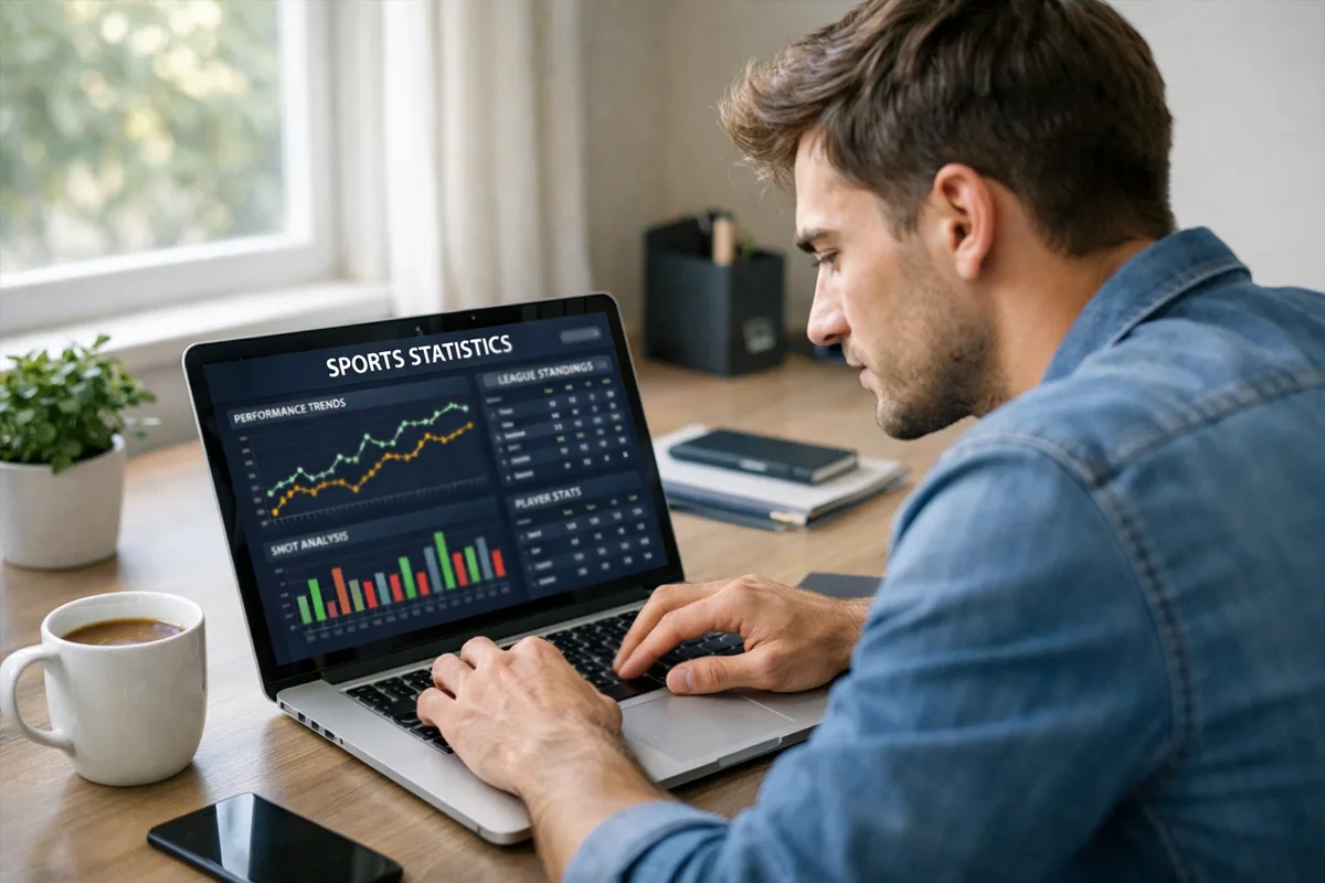 Person analysiert Sportstatistiken auf einem Laptop