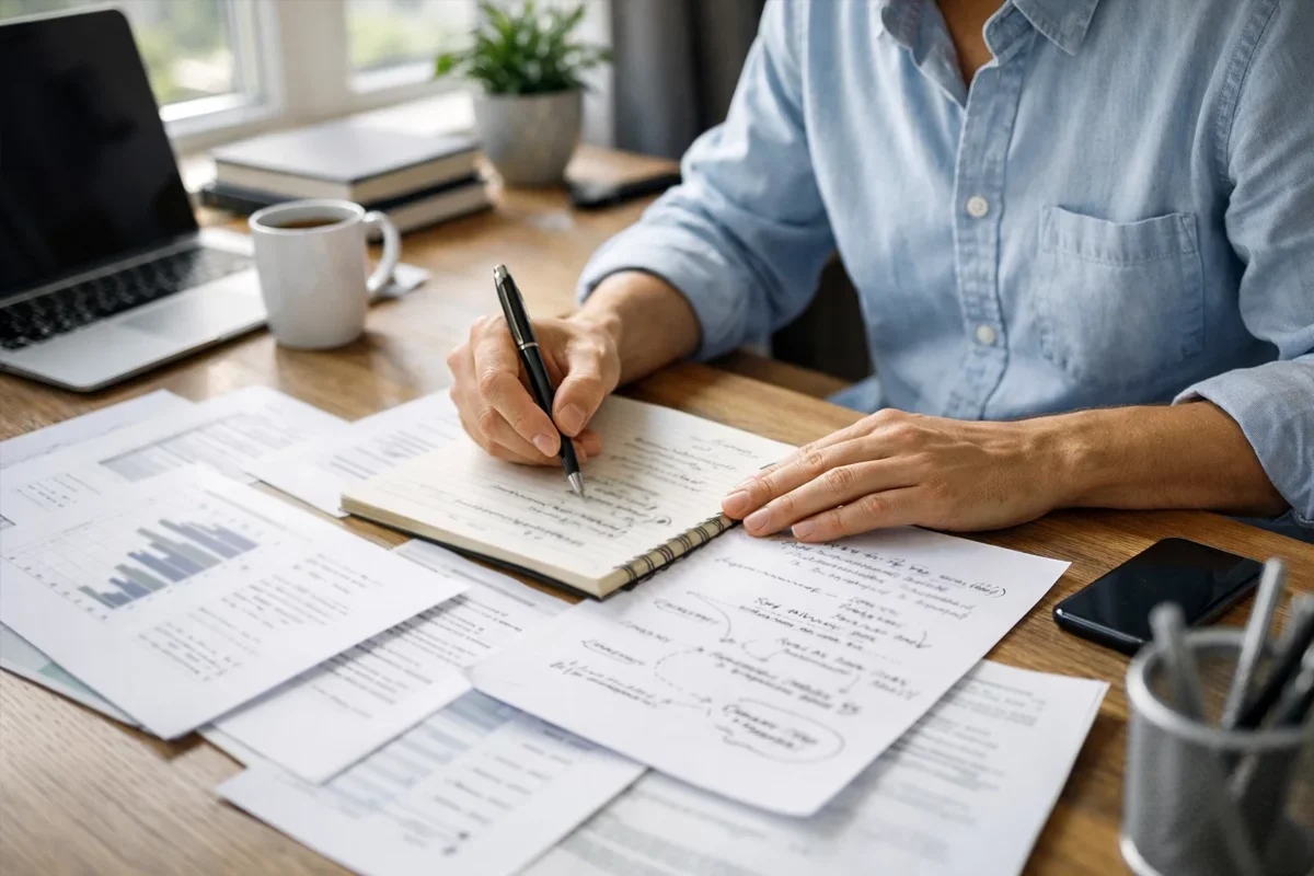 Person arbeitet konzentriert mit Dokumenten und Notizen am Schreibtisch