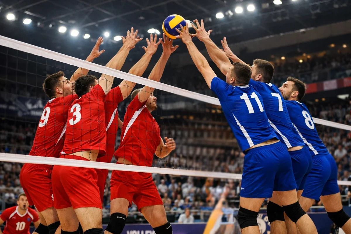 Volleyball-Match mit zwei Teams in Aktion am Netz