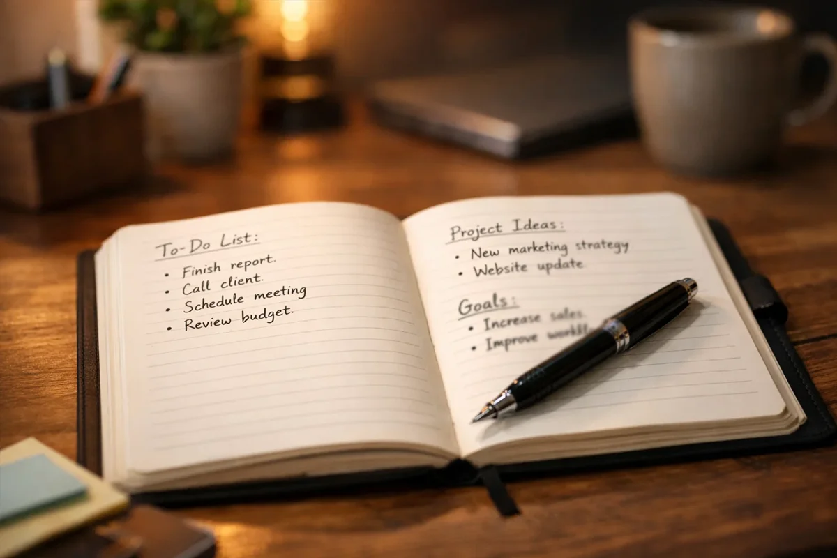 Geordneter Schreibtisch mit Notizbuch, Stift und Dokumenten