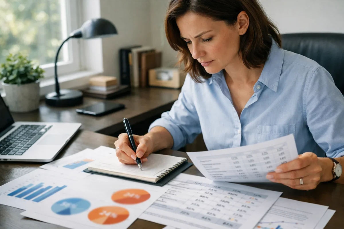 Person studiert Dokumente mit Statistiken am Schreibtisch