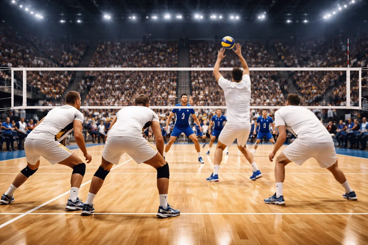 Volleyball-Mannschaften während eines spannenden Satzes in der Halle