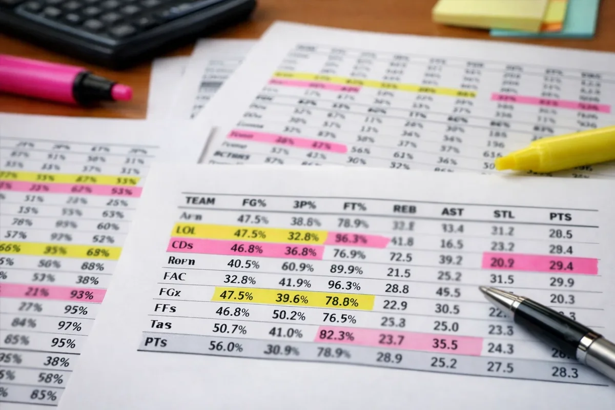 Sportstatistiken auf Papier ausgedruckt mit Textmarker-Markierungen